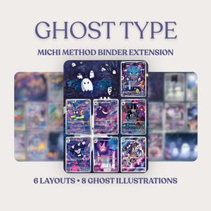 Può includere: Un'estensione per raccoglitore Michi Method di tipo Fantasma con 6 layout e 8 illustrazioni di fantasmi. L'immagine centrale mostra una collezione di carte collezionabili con temi viola e blu scuro, inclusi vari personaggi spettrali.