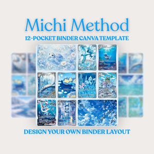 May include: A digital template for a 12-pocket binder, featuring a light blue and white aquatic theme. The design includes illustrations of sea creatures and the text "Michi Method" and "Design Your Own Binder Layout".