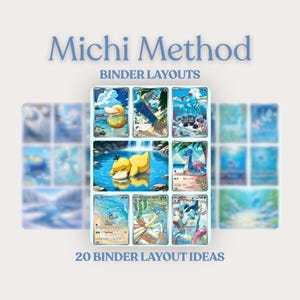 May include: An image promoting "Michi Method Binder Layouts", showcasing nine trading card designs with diverse illustrations. The cards are arranged in a grid, with the text "20 Binder Layout Ideas" at the bottom. The background is a soft, light blue.