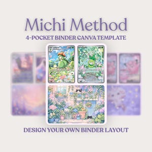 May include: A digital template for a 4-pocket binder, featuring a floral design and the text "Michi Method." The template includes card illustrations and the phrase "Design Your Own Binder Layout."
