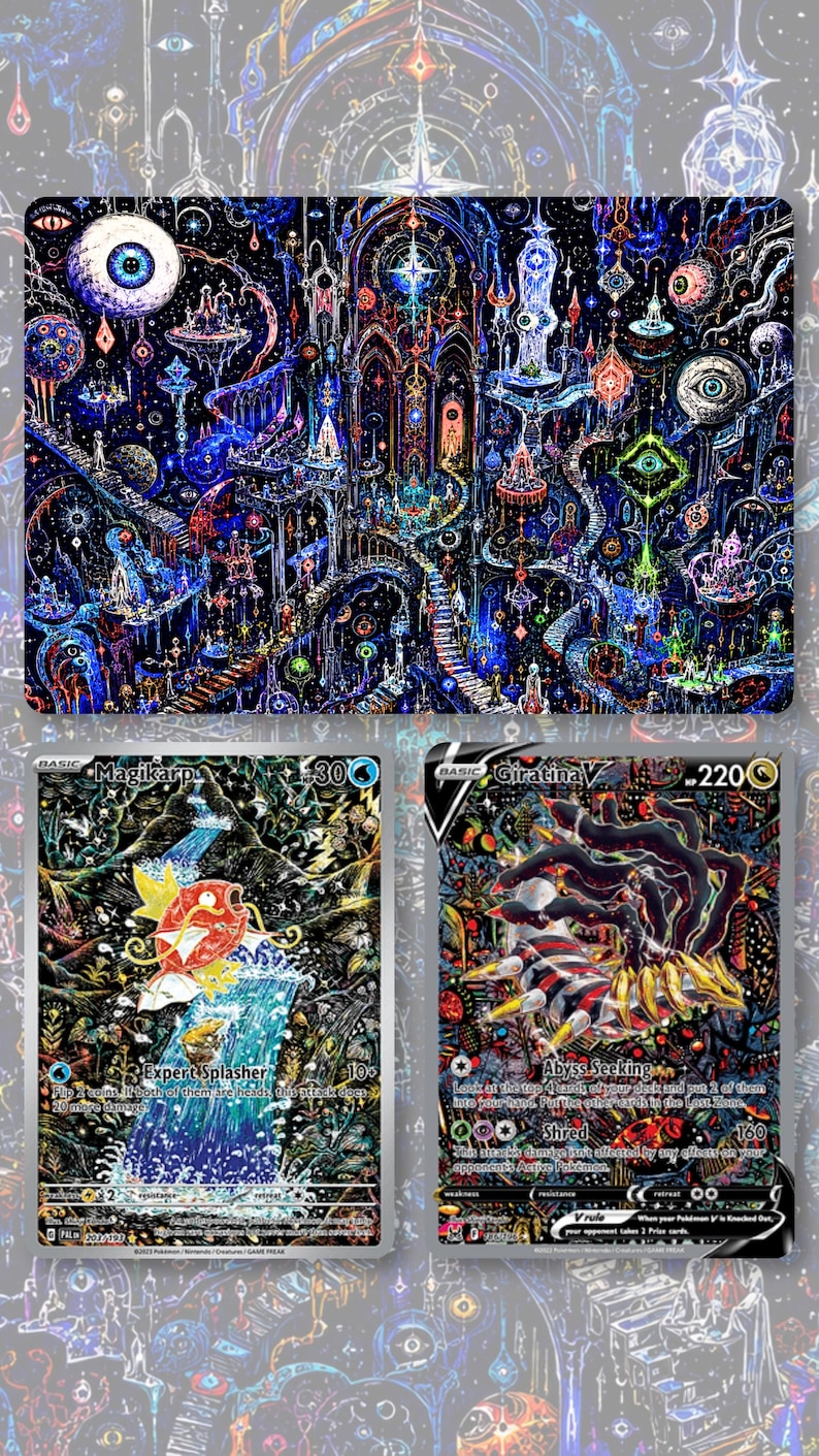 May include: A vibrant, detailed artwork featuring a fantastical cityscape with intricate architecture and surreal elements. Below are two Pok&eacute;mon trading cards: Magikarp and Giratina V, showcasing colorful illustrations and text.