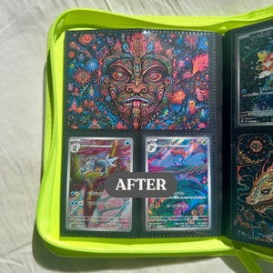 May include: A neon green zippered binder with black pages, holding collectible cards. The binder features a colorful illustration of a face and several cards with Japanese text. The word "AFTER" is printed on the cards.