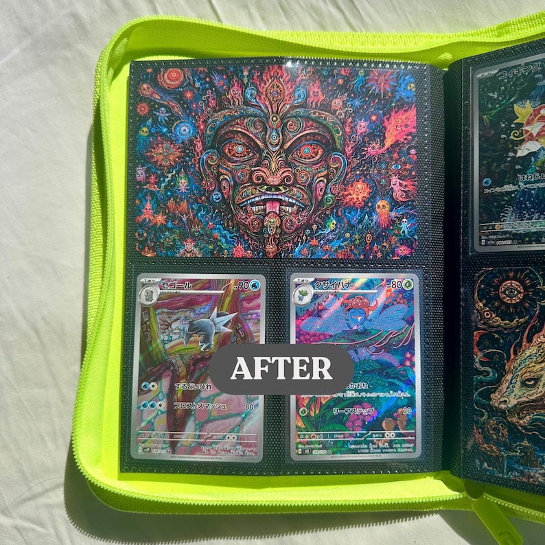 May include: A neon green zippered binder with black pages, holding collectible cards. The binder features a colorful illustration of a face and several cards with Japanese text. The word "AFTER" is printed on the cards.