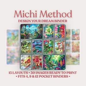 Könnte beinhalten: Michi Method Design Your Dream Binder digitale Produktanzeige mit einem Raster aus illustrierten Sammelkarten mit Natur- und Kreaturenmotiven. Der Text enthält 15 Layouts, 30 druckfertige Bilder und passt für Ordner mit 4, 9 & 12 Fächern.