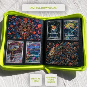 May include: A neon green zippered binder with trading cards inside. The binder is open, displaying several cards with colorful artwork and a large tribal mask design. Text on the image reads "DIGITAL DOWNLOAD", "PRINT AT HOME", and "UPGRADE YOUR BINDER".