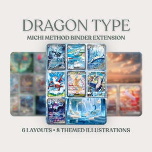Pode incluir: Uma extensão de fichário Michi Method do tipo Dragão com 6 layouts e 8 ilustrações temáticas. O display central mostra uma grade de nove cartas colecionáveis com arte de dragões em azul, branco e dourado e uma paisagem nevada.
