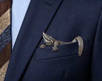 Alligator Pocket Square Clip, Gold Silver Crocodile Metal Accessory, Groom Wedding Holder