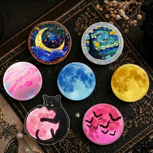 Celestial Black Cat Magnetic Phone Grip, Moon and Stars Acrylic Phone Holder, Dreamy Night Sky Accessory Gift