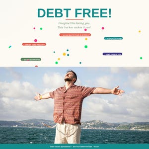 May include: Image promoting debt freedom with the text "DEBT FREE!" and a man with arms outstretched. Text includes "CREDIT CARD PAID OFF!", "SAVING £4,970/YEAR IN INTEREST", and "CAR LOAN GONE!" The image suggests financial well-being and a debt-free future.