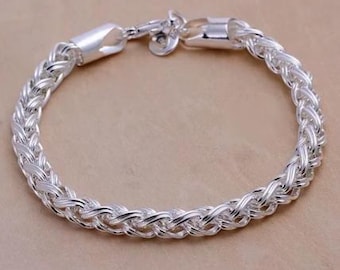 925 Sterling Silver Bracelet 20cm (7.87") 6mm Thick Round Braided
