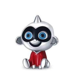 May include: A silver-toned charm shaped like a cartoon character with a pointed head, wearing a black eye mask and a bright red outfit. The character has large, round blue eyes and a smiling mouth, with textured silver ears and polished limbs.