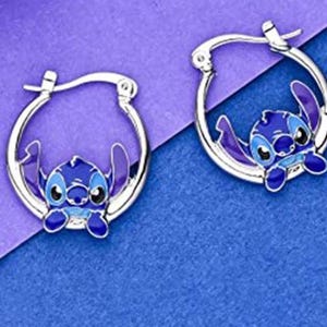 925 Sterling Silver Bead Lilo and Stitch Blue Stitch Hoop Earrings bild 2