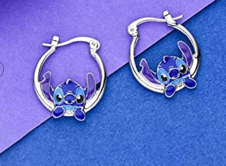 925 Sterling Silver Bead Lilo and Stitch Blue Stitch Hoop Earrings bild 2