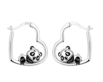 925 Sterling Silver Hoop Earrings Bead Cute Panda Inside a Heart Shaped Frame