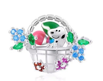 925 Sterling Silver Charm Bracelet Bead Peanuts Snoopy Festive Basket w/ Cubic Zirconia