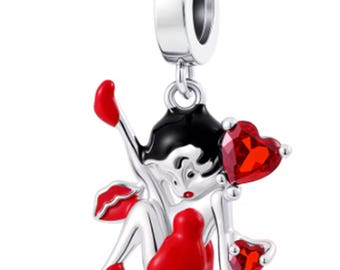925 Sterling Silver Dangle Charm Betty Boop w/ Red Crystal Hearts