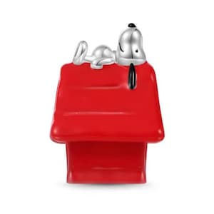 May include: A silver-toned metal charm featuring a cartoon dog lying on top of a bright red doghouse. The dog has a smooth, reflective finish with a black ear, while the doghouse has a glossy red enamel coating and a hollow interior space.