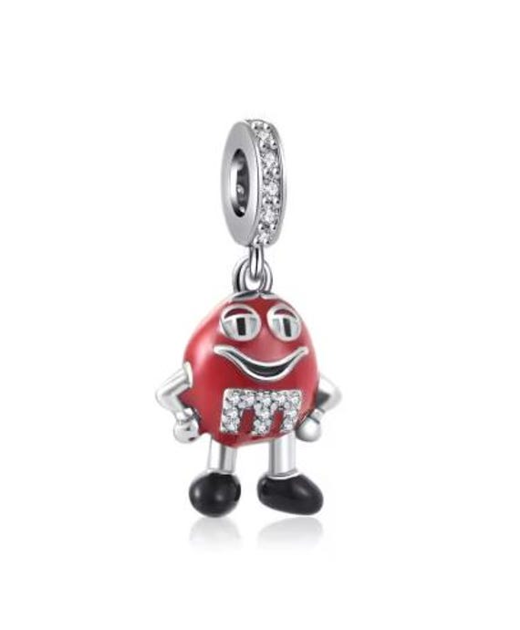 Sterling Silver Dangle Charm Bead Red M & M w/ Crystals