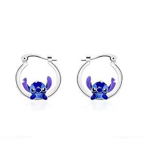 925 Sterling Silver Bead Lilo and Stitch Blue Stitch Hoop Earrings bild 1