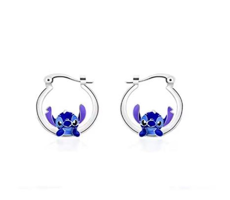 925 Sterling Silver Bead Lilo and Stitch Blue Stitch Hoop Earrings bild 1