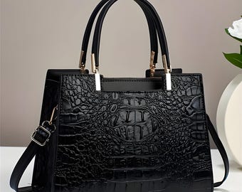 Crocodile Pattern Crossbody Tote Bag: Vegan Leather, Gold-Tone Hardware, Work Purse