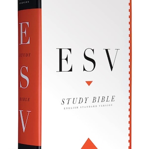 May include: A hardcover ESV Study Bible with a white cover and a red spine. The title "ESV STUDY BIBLE" is printed in black, with the words "ENGLISH STANDARD VERSION" below it. The spine features the letters "E S V" in white.