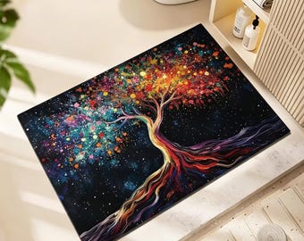 Tree of Life Bath Mat,Vibrant Colorful Bathroom Rug,Non-Slip Absorbent Faux Leather Floor Mat,Mystical Home Decor,Spiritual Gift for home