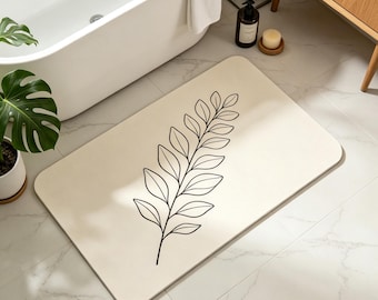 Minimalist Leaf Line Art Bath Mat,Neutral Beige Botanical Bathroom Rug,Absorbent Faux leather Floor Mat,Boho Farmhouse Decor,Gift for home
