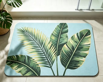 Tropical Palm Leaves Monstera Bath Mat, Absorbent Quick Dry Faux leather Bathroom Rug, Coastal Non-Slip Shower Rug,Modern Jungle Home Decor