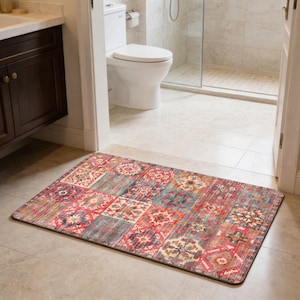 Vintage Turkish Kilim Patchwork Bath Mat,Absorbent Faux leather Bathroom Rug,Distressed Bohemian Tribal Style Shower Mat,Nomadic Home Decor