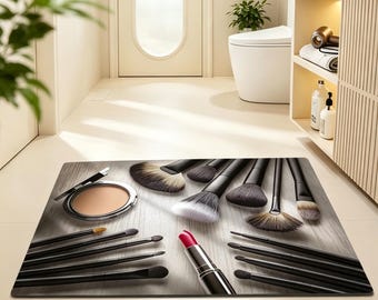 Makeup Brush Print Bath Mat,Absorbent Faux Leather Bathroom Rug,Glam Beauty Room Vanity Area Decor,Quick Dry Non-Slip Floor Mat,Gift for her