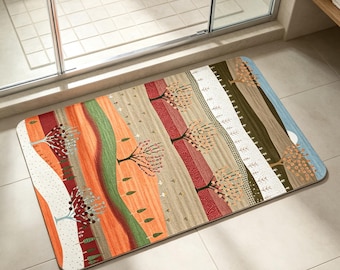 Abstract Boho Forest Bath Mat,Faux Leather Absorbent Bathroom Rug,Nature Inspired Non-Slip Shower Mat,Bohemian Tree Art Home Decor Floor Rug