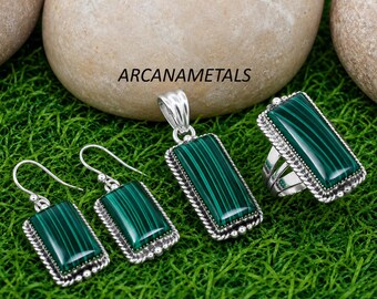 Natural Malachite Silver Pendant Ring & Earring Jewelry Set, Rectangle Shape Gemstone Jewelry Set Handmade Designer Wedding Gift for Her,