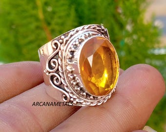 Anello a fascia larga in argento sterling 925, anello con gemma di citrino, fatto a mano - gioiello di tendenza, anello unisex, regalo di compleanno popolare,