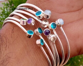 Stylish 925 Sterling Silver 6 Bangles Set with 6 Gemstones, 6 Adjustable Bangles, Stackable Bangles, Silver Bangle for Her, Handmade Bangles
