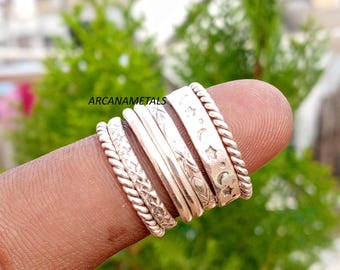 Oxidized 7 Stacking Rings Set, 925 Sterling Silver Thin Textured Stackable Rings, Handmade Dainty Minimalist Bands Ring, Partywear Ring,