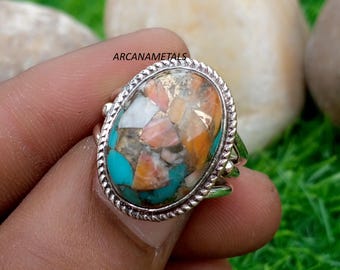 Anello vistoso in rame e turchese, forma ovale, argento sterling 925, gioiello di design realizzato a mano.