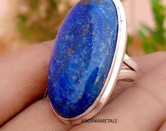 Duży owalny pierścień z lapis lazuli, pierścionek z wyrazistym wzorem ze srebra próby 925, ręcznie robiona biżuteria designerska