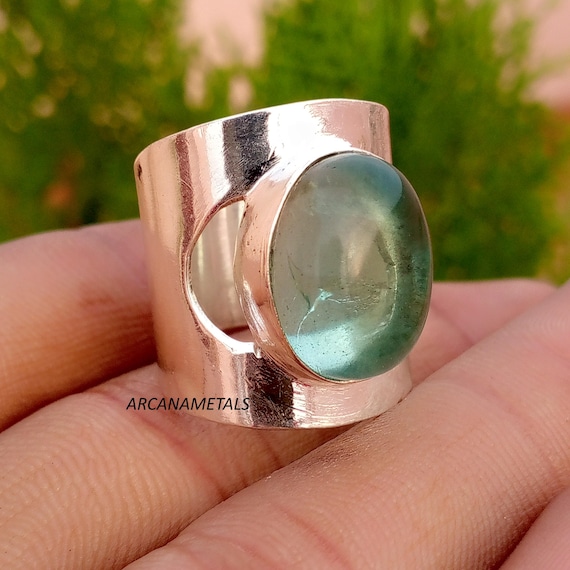 Sterling Silver Aquamarine Wide Band Ring | Oval Blue Gemstone Statement Jewelry