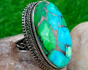 Large Green Copper Turquoise Ring, Sterling Silver Statement Jewelry, Oval Gemstone Ring