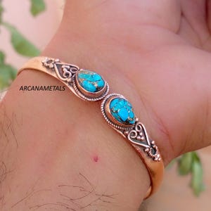 Natural Blue Copper Turquoise Pear Stone Bangle: Solid Copper Boho Statement Jewelry