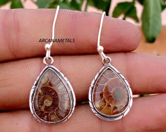 Natural Ammonite Fossil Earring, 925 Sterling Silver, Gemstone Earring, Handmade Earring, Designer Earring, Pretty Earring, Gifts For Her