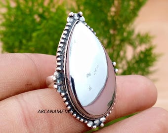 Anello vistoso con taglio a pera in ematite naturale, in argento sterling 925, gioiello di design realizzato a mano.