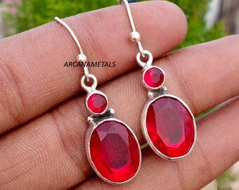 Oval Red Garnet Earrings: Handmade 925 Sterling Silver Ear-Wire Jewelry Double Drop Earrings –Elegant Artisan Birthstone Jewelry