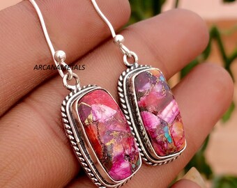 Pink Dahlia Turquoise Gemstone Earrings, 925 Sterling Silver Earrings Handmade Earring Spiny Oyster Earrings, Partywear Earring,
