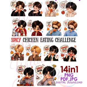 Puede incluir: Un gráfico de descarga digital con 14 ilustraciones de dibujos animados de personajes de estilo anime comiendo pollo picante. El texto incluye "Spicy Chicken Eating Challenge" y frases como "Too Spicy!" y "Where's the Milk?" La imagen está etiquetada como "High-Res PNG (300DPI)".
