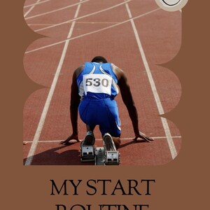 Puede incluir: Un corredor con uniforme azul, con el número 530 en la espalda, está en los bloques de salida en una pista roja. La imagen incluye el texto "MY START ROUTINE" y "Making it easier to begin".