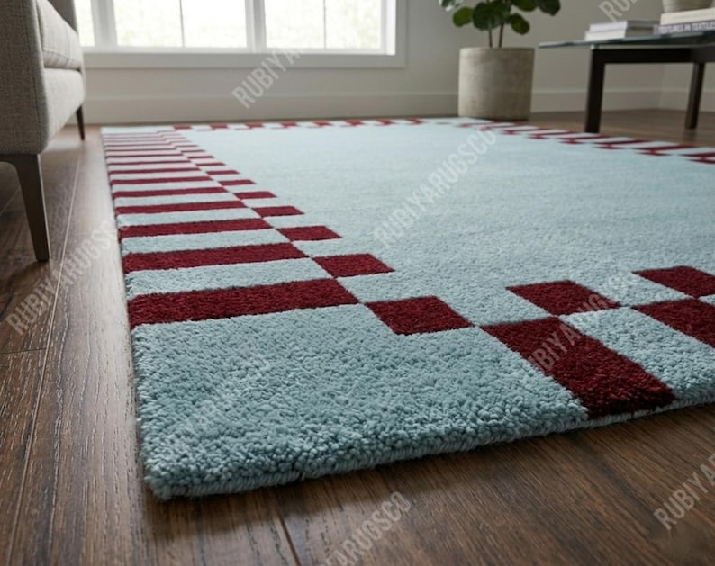 Hand-tufted Wool Rug, Sky Blue Burgundy Checkered Border, Modern ...