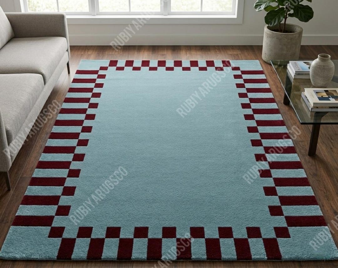 Hand-tufted Wool Rug, Sky Blue Burgundy Checkered Border, Modern ...