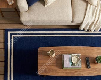 Navy Blue Hand-Tufted Wool Rug, Minimalist Double Stripe Design, Custom Area Carpet